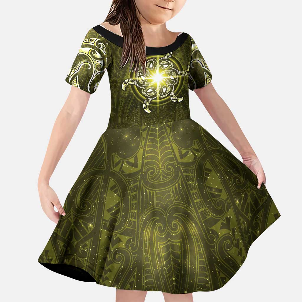 New Zealand Matariki Hiwaiterangi Family Matching Off Shoulder Short Dress and Hawaiian Shirt Maori Moko Yellow Galaxy LT05 Daughter's Dress Yellow - Polynesian Pride