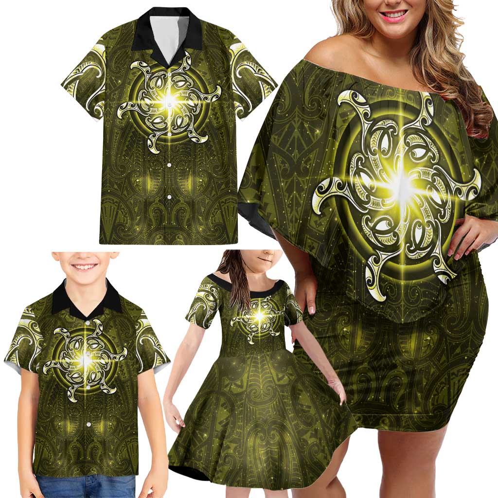 New Zealand Matariki Hiwaiterangi Family Matching Off Shoulder Short Dress and Hawaiian Shirt Maori Moko Yellow Galaxy LT05 - Polynesian Pride