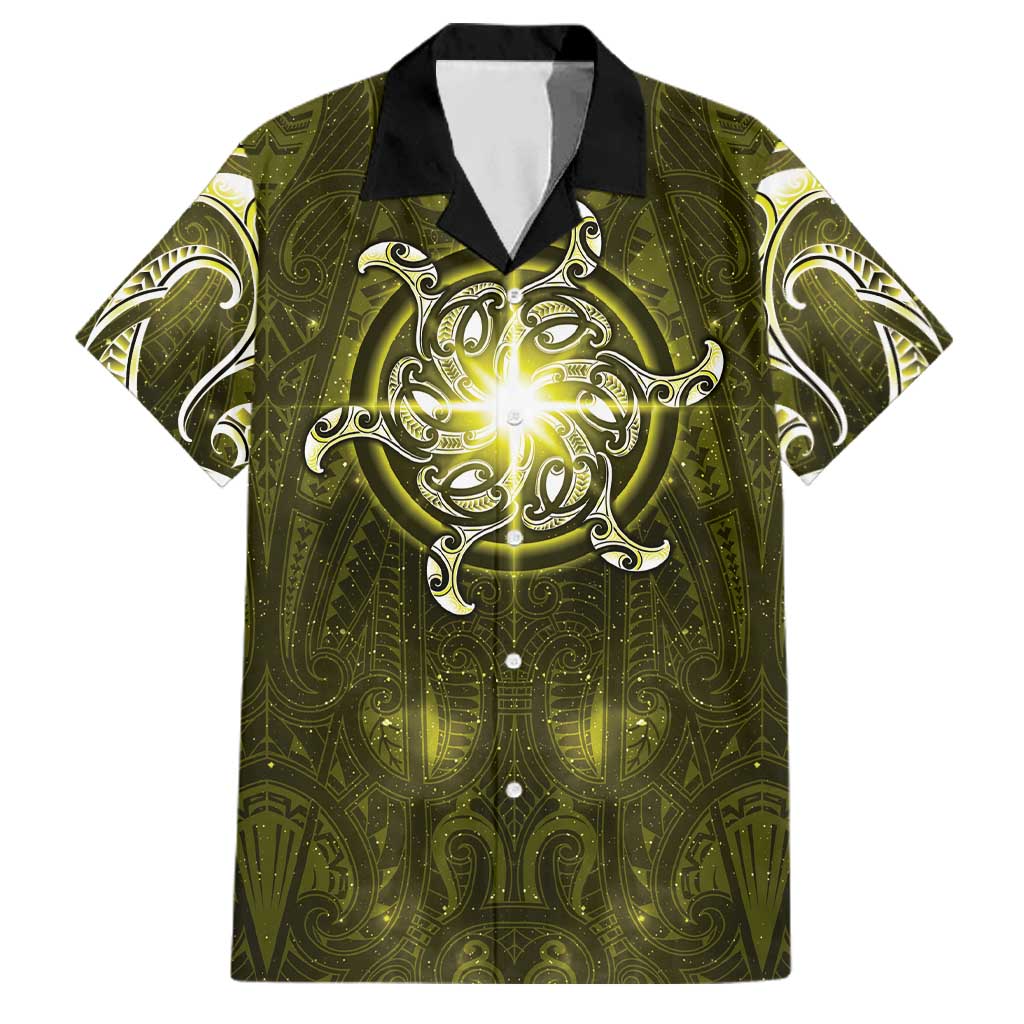 New Zealand Matariki Hiwaiterangi Family Matching Off Shoulder Short Dress and Hawaiian Shirt Maori Moko Yellow Galaxy LT05 Dad's Shirt - Short Sleeve Yellow - Polynesian Pride