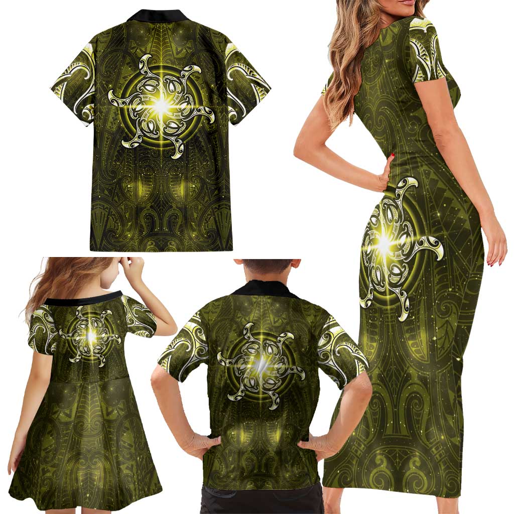 New Zealand Matariki Hiwaiterangi Family Matching Short Sleeve Bodycon Dress and Hawaiian Shirt Maori Moko Yellow Galaxy LT05 - Polynesian Pride