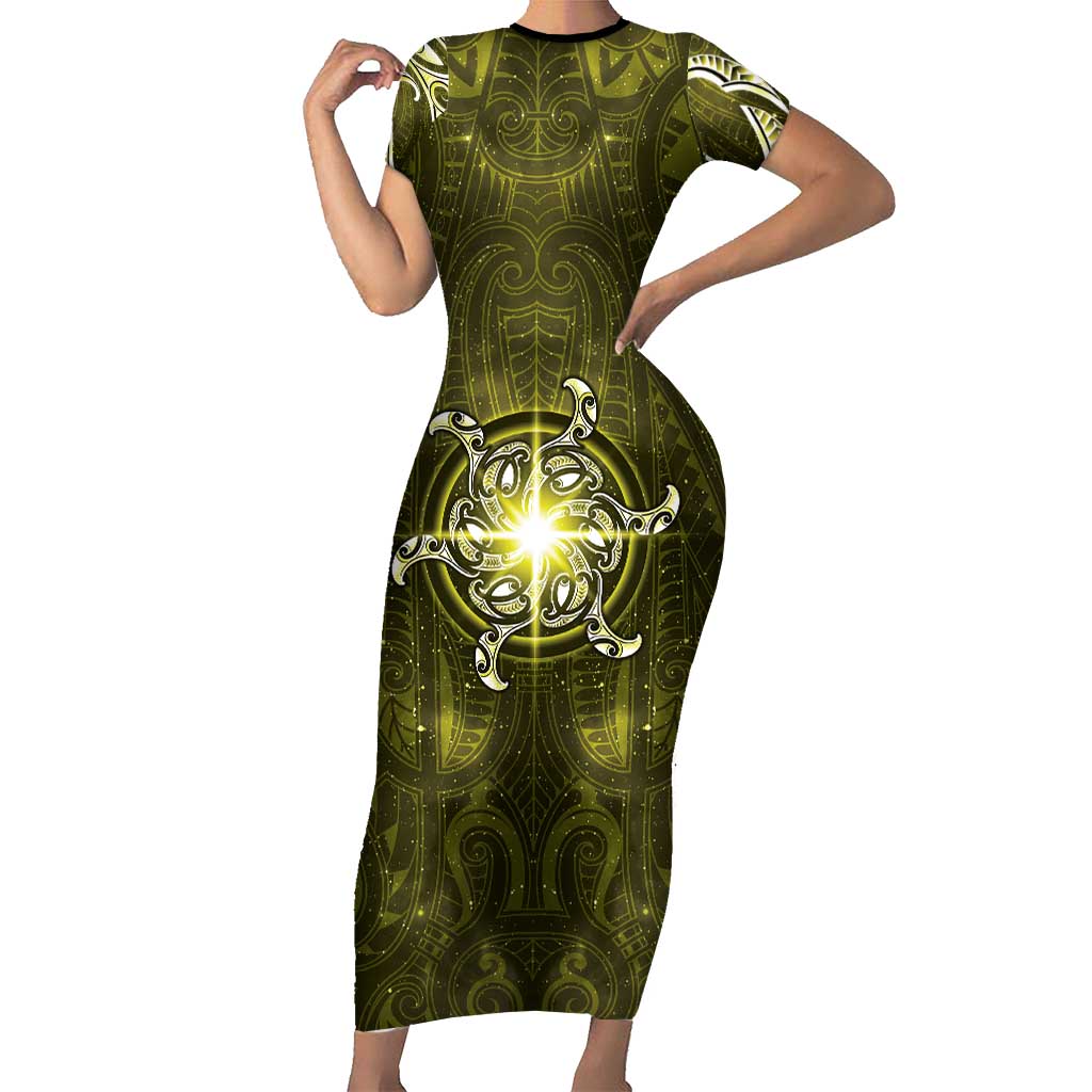 New Zealand Matariki Hiwaiterangi Family Matching Short Sleeve Bodycon Dress and Hawaiian Shirt Maori Moko Yellow Galaxy LT05 Mom's Dress Yellow - Polynesian Pride