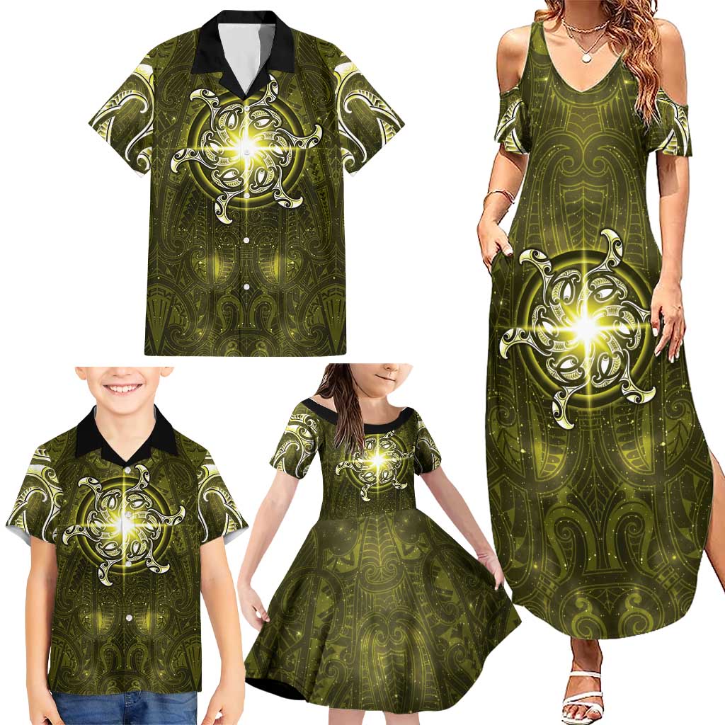 New Zealand Matariki Hiwaiterangi Family Matching Summer Maxi Dress and Hawaiian Shirt Maori Moko Yellow Galaxy LT05 - Polynesian Pride