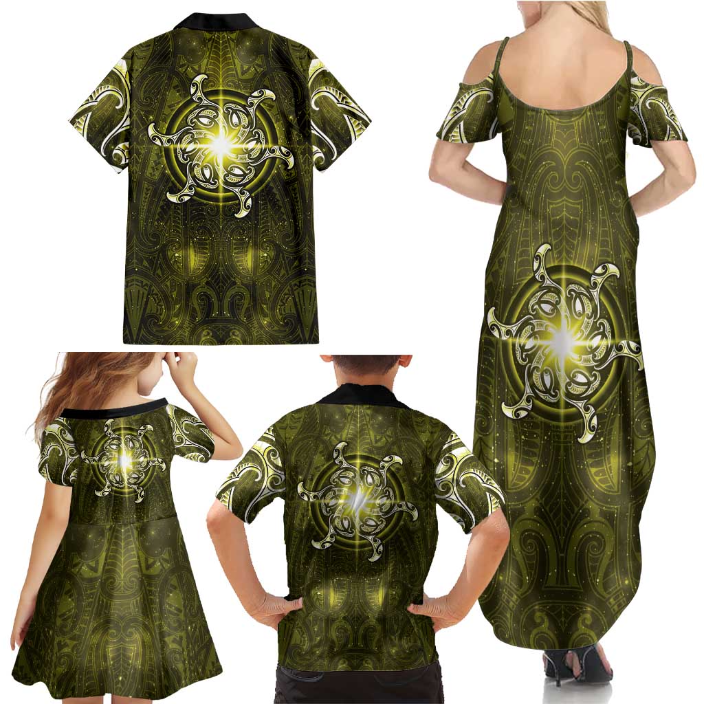 New Zealand Matariki Hiwaiterangi Family Matching Summer Maxi Dress and Hawaiian Shirt Maori Moko Yellow Galaxy LT05 - Polynesian Pride