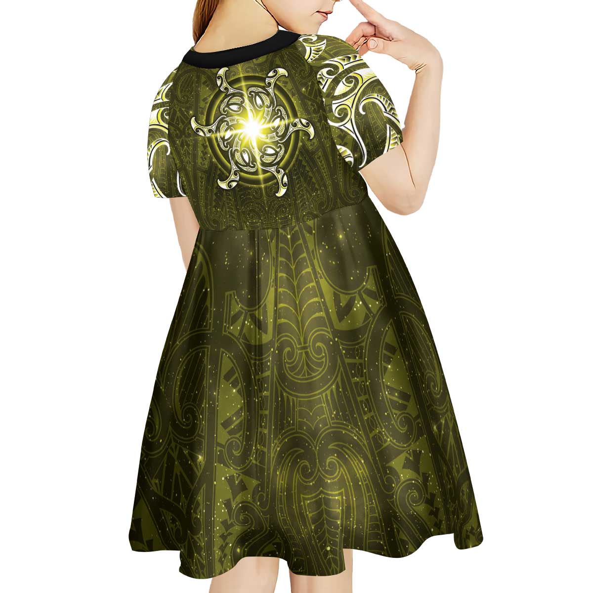 New Zealand Matariki Hiwaiterangi Kid Short Sleeve Dress Maori Moko Yellow Galaxy LT05 - Polynesian Pride