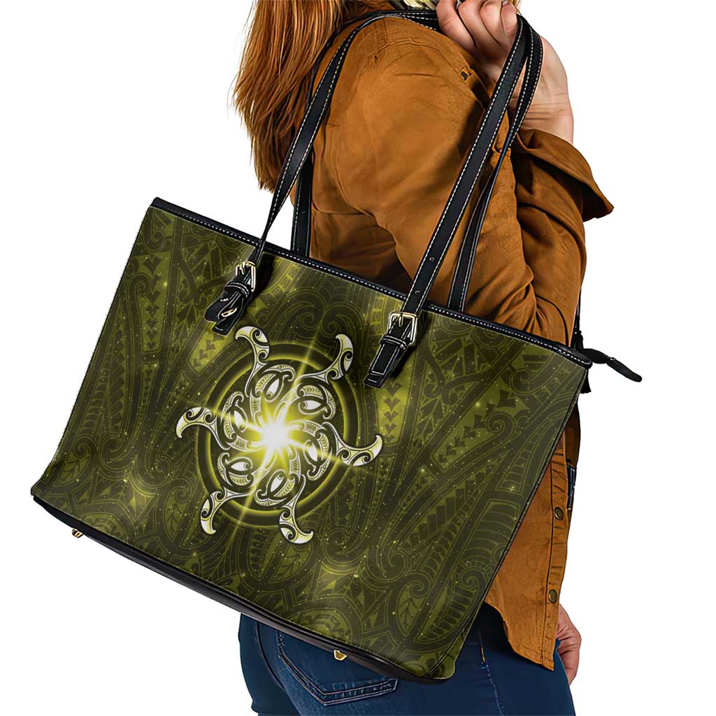 New Zealand Matariki Hiwaiterangi Leather Tote Bag Maori Moko Yellow Galaxy
