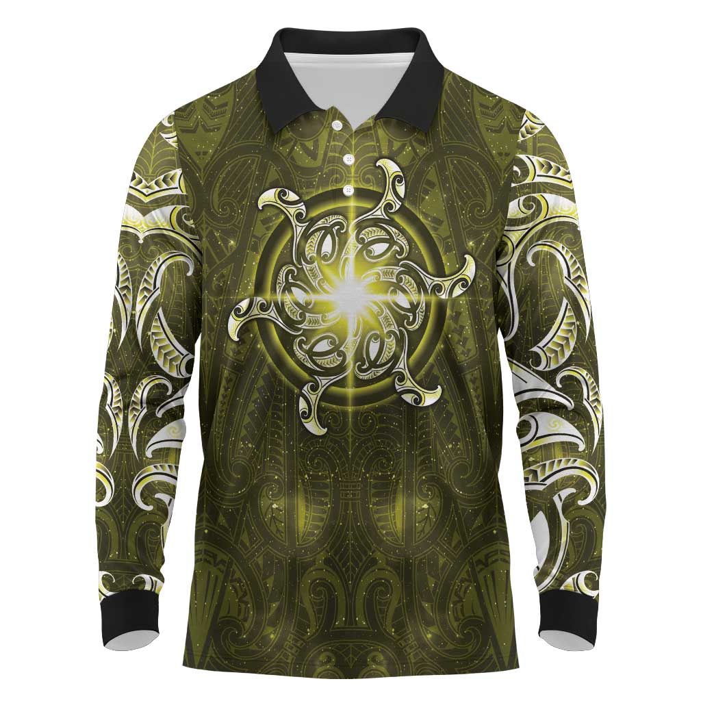 New Zealand Matariki Hiwaiterangi Long Sleeve Polo Shirt Maori Moko Yellow Galaxy