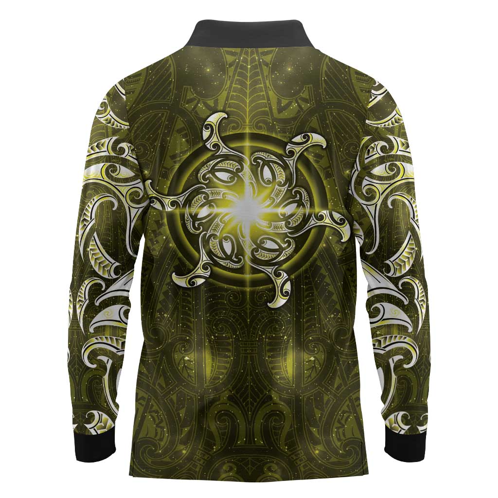 New Zealand Matariki Hiwaiterangi Long Sleeve Polo Shirt Maori Moko Yellow Galaxy LT05 - Polynesian Pride