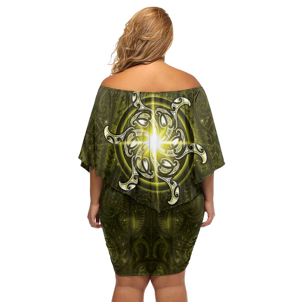 New Zealand Matariki Hiwaiterangi Off Shoulder Short Dress Maori Moko Yellow Galaxy LT05 - Polynesian Pride