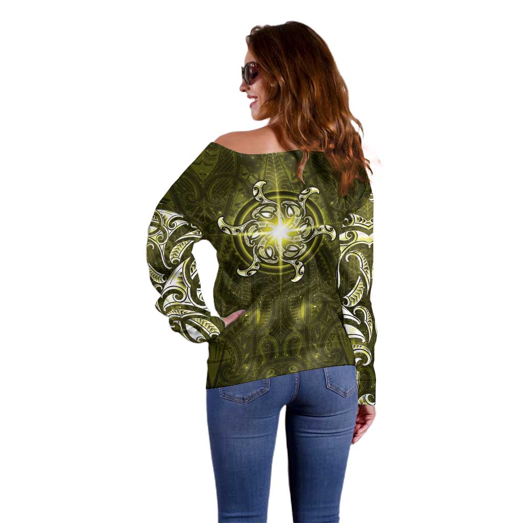 New Zealand Matariki Hiwaiterangi Off Shoulder Sweater Maori Moko Yellow Galaxy
