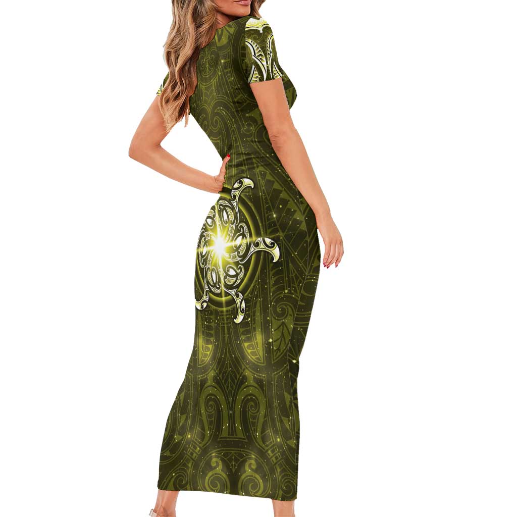 New Zealand Matariki Hiwaiterangi Short Sleeve Bodycon Dress Maori Moko Yellow Galaxy LT05 - Polynesian Pride