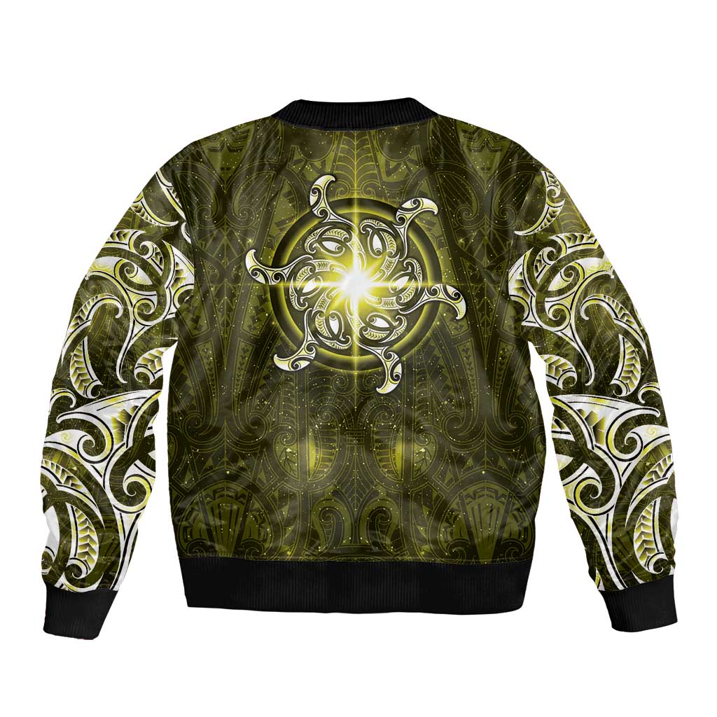 New Zealand Matariki Hiwaiterangi Sleeve Zip Bomber Jacket Maori Moko Yellow Galaxy