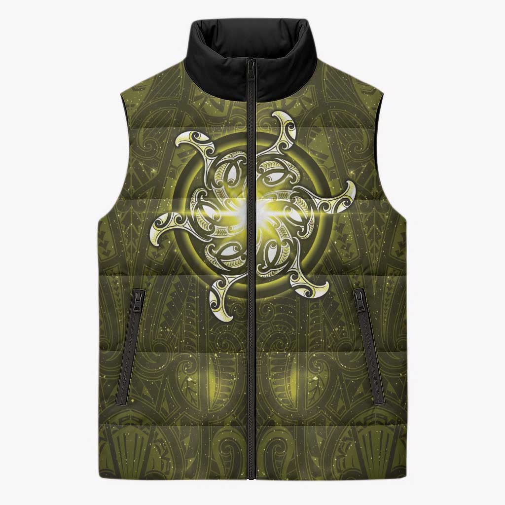 New Zealand Matariki Hiwaiterangi Sleeveless Puffer Jacket Maori Moko Yellow Galaxy