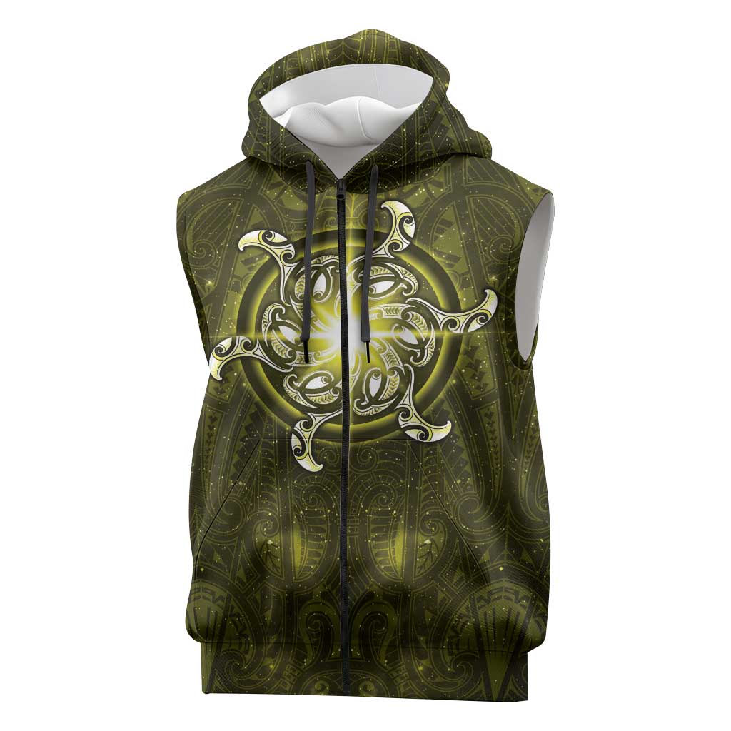 New Zealand Matariki Hiwaiterangi Sleeveless Zip Hoodie Maori Moko Yellow Galaxy