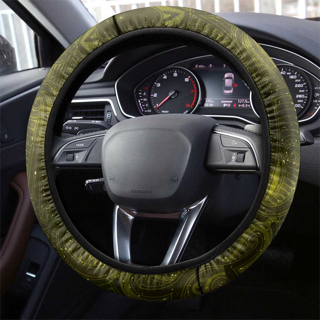 New Zealand Matariki Hiwaiterangi Steering Wheel Cover Maori Moko Yellow Galaxy