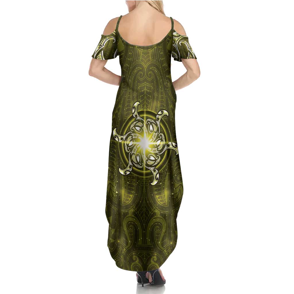 New Zealand Matariki Hiwaiterangi Summer Maxi Dress Maori Moko Yellow Galaxy LT05 - Polynesian Pride