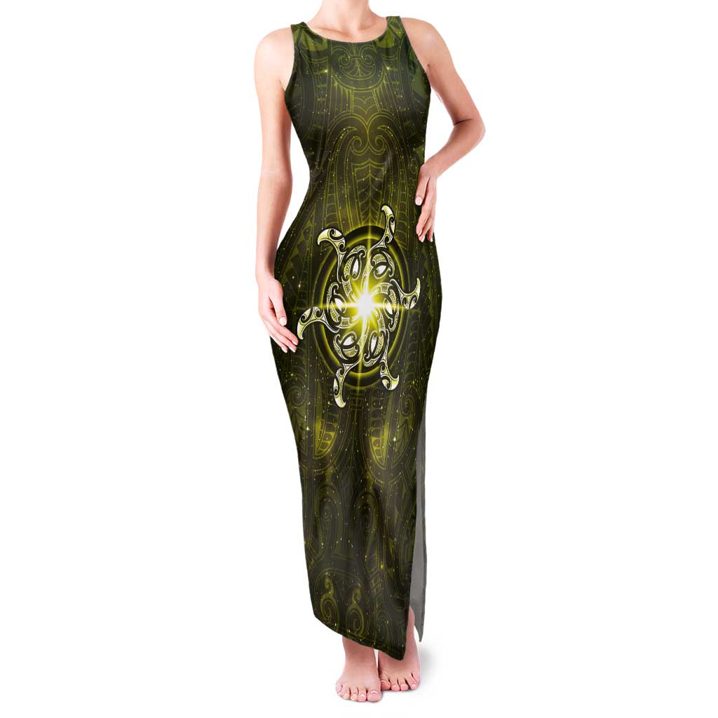 New Zealand Matariki Hiwaiterangi Tank Maxi Dress Maori Moko Yellow Galaxy