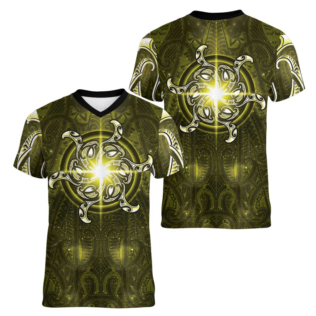 New Zealand Matariki Hiwaiterangi Women V-Neck T-Shirt Maori Moko Yellow Galaxy LT05 - Polynesian Pride