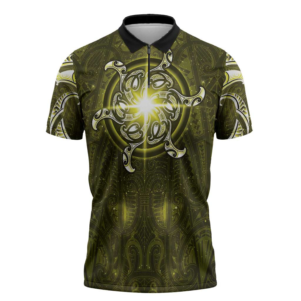 New Zealand Matariki Hiwaiterangi Zipper Polo Shirt Maori Moko Yellow Galaxy LT05 Yellow - Polynesian Pride
