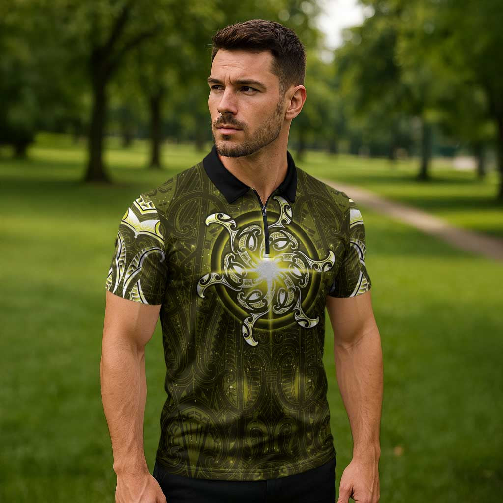 New Zealand Matariki Hiwaiterangi Zipper Polo Shirt Maori Moko Yellow Galaxy LT05 - Polynesian Pride