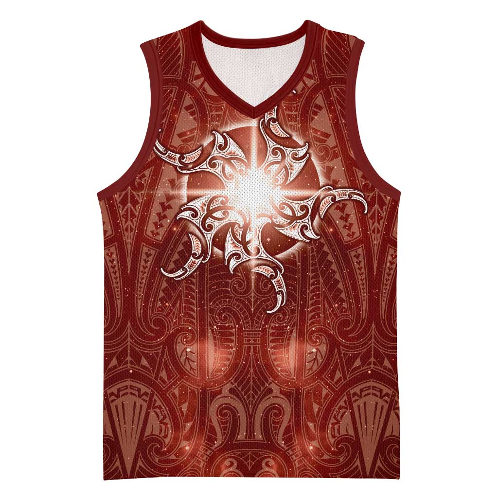 New Zealand Matariki Pohutukawa Basketball Jersey Maori Moko Red Galaxy