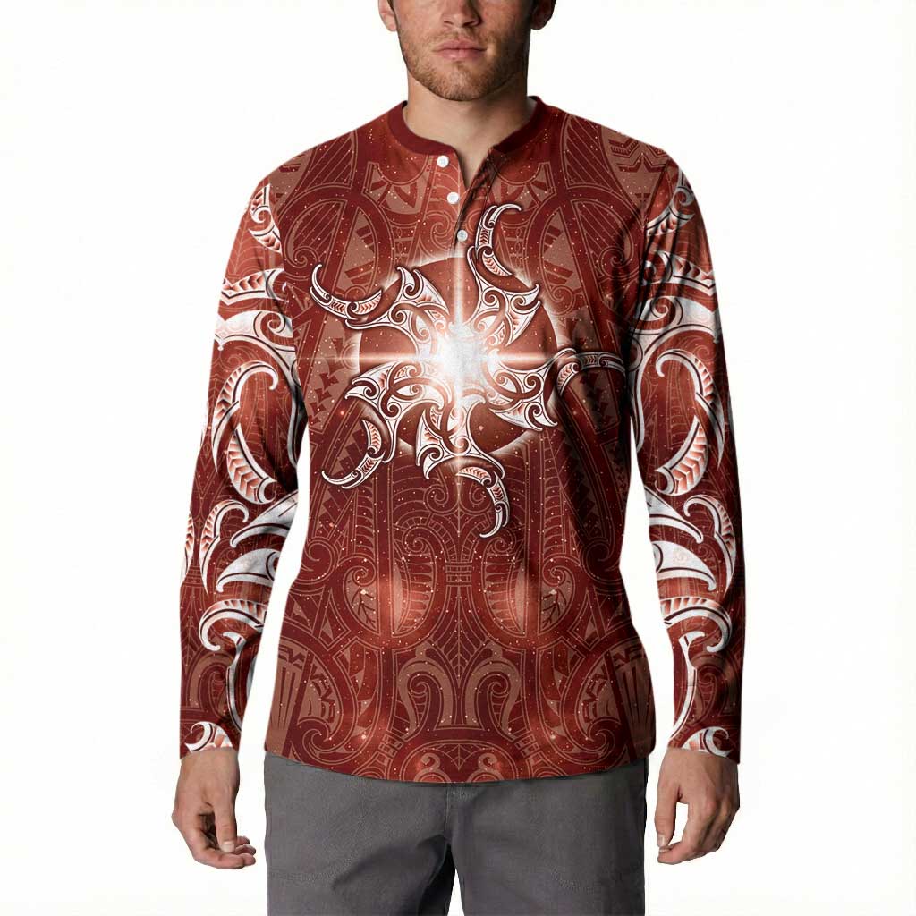 New Zealand Matariki Pohutukawa Button Sweatshirt Maori Moko Red Galaxy