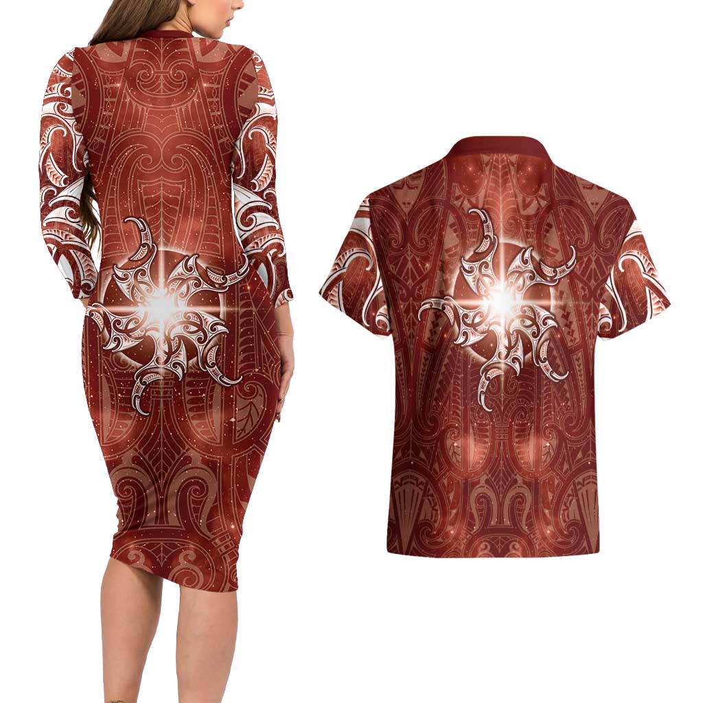 New Zealand Matariki Pohutukawa Couples Matching Long Sleeve Bodycon Dress and Hawaiian Shirt Maori Moko Red Galaxy LT05 - Polynesian Pride