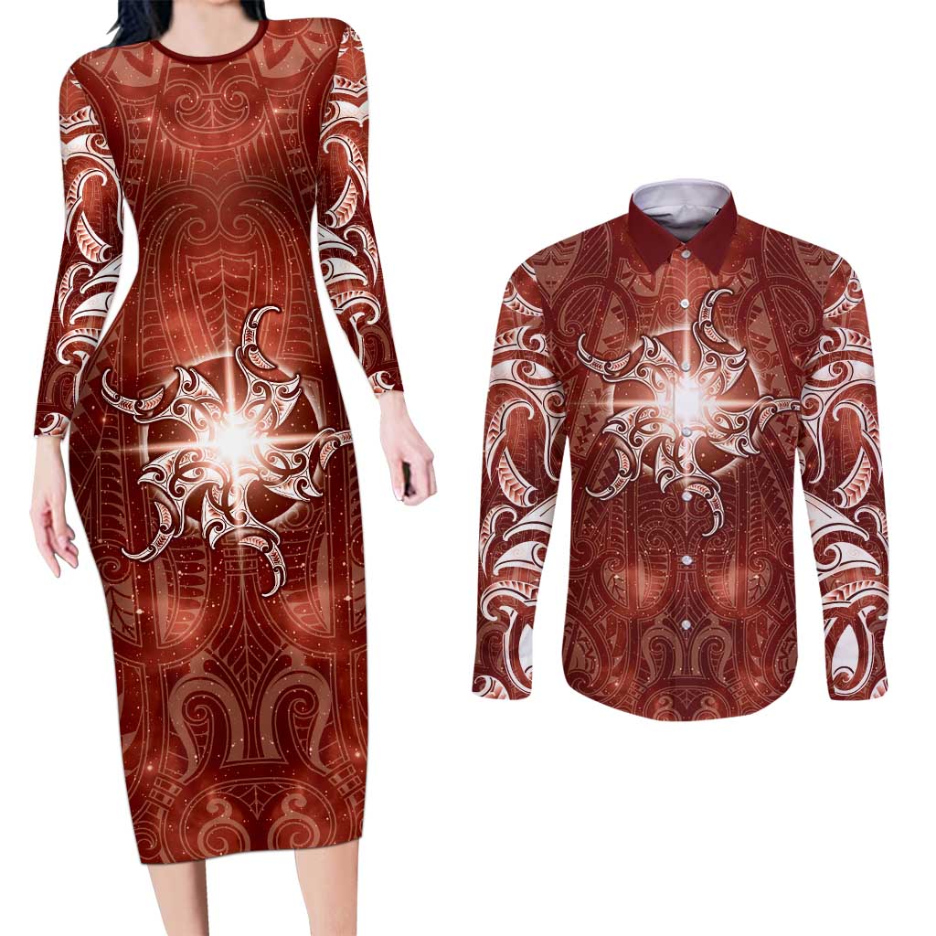 New Zealand Matariki Pohutukawa Couples Matching Long Sleeve Bodycon Dress and Long Sleeve Button Shirt Maori Moko Red Galaxy LT05 Red - Polynesian Pride