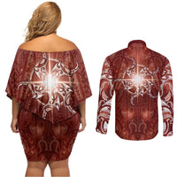 New Zealand Matariki Pohutukawa Couples Matching Off Shoulder Short Dress and Long Sleeve Button Shirt Maori Moko Red Galaxy LT05 - Polynesian Pride