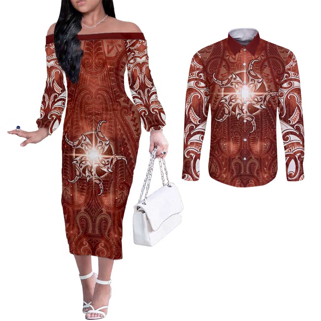 New Zealand Matariki Pohutukawa Couples Matching Off The Shoulder Long Sleeve Dress and Long Sleeve Button Shirt Maori Moko Red Galaxy