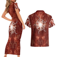 New Zealand Matariki Pohutukawa Couples Matching Short Sleeve Bodycon Dress and Hawaiian Shirt Maori Moko Red Galaxy