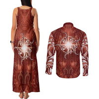 New Zealand Matariki Pohutukawa Couples Matching Tank Maxi Dress and Long Sleeve Button Shirt Maori Moko Red Galaxy LT05 - Polynesian Pride