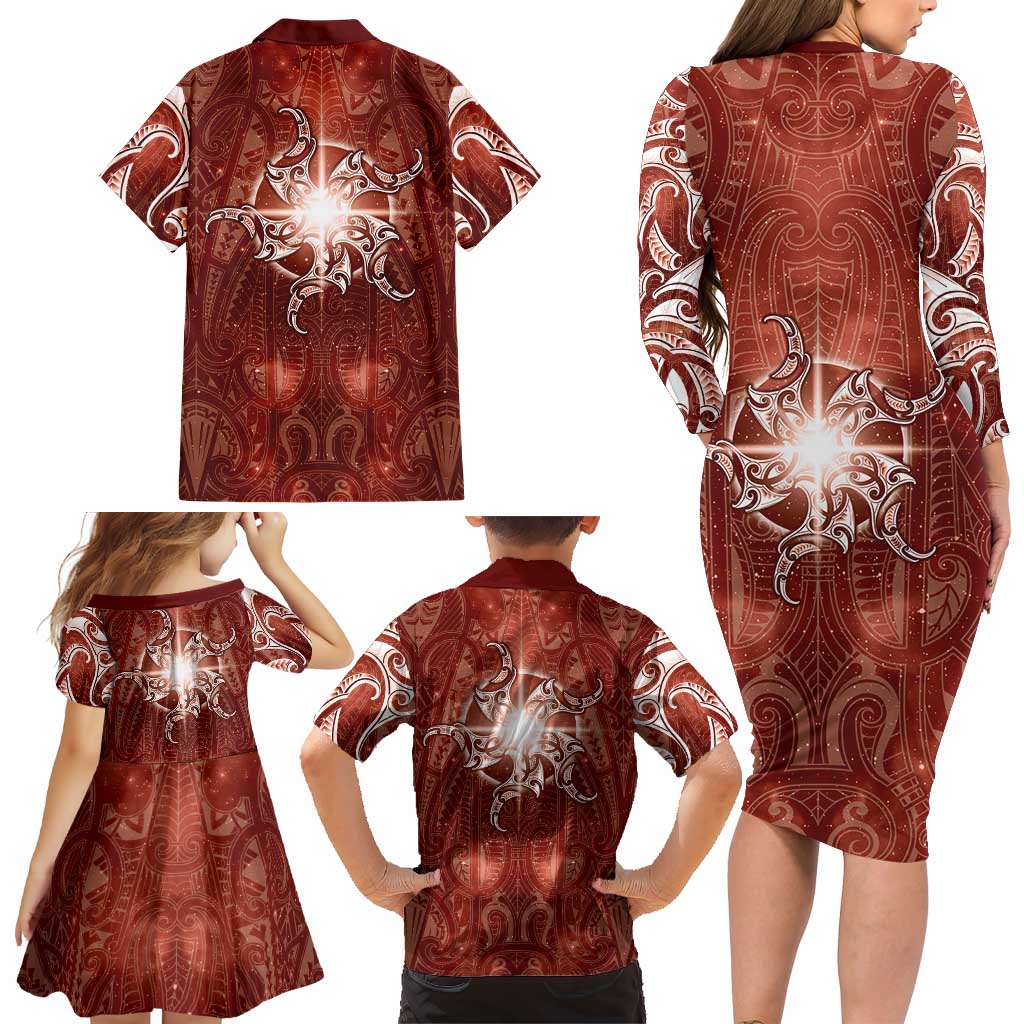 New Zealand Matariki Pohutukawa Family Matching Long Sleeve Bodycon Dress and Hawaiian Shirt Maori Moko Red Galaxy LT05 - Polynesian Pride
