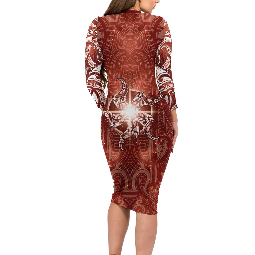New Zealand Matariki Pohutukawa Family Matching Long Sleeve Bodycon Dress and Hawaiian Shirt Maori Moko Red Galaxy LT05 - Polynesian Pride
