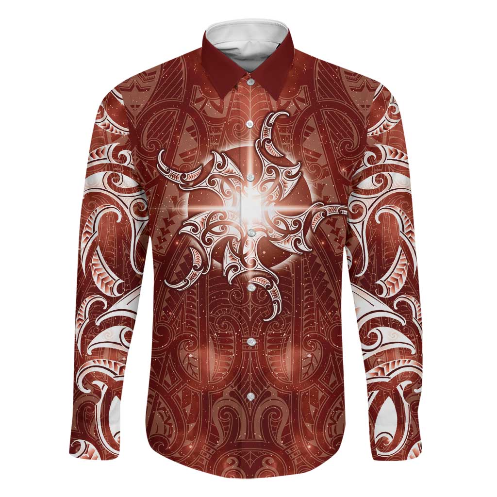 New Zealand Matariki Pohutukawa Family Matching Mermaid Dress and Hawaiian Shirt Maori Moko Red Galaxy LT05 Dad's Shirt - Long Sleeve Red - Polynesian Pride