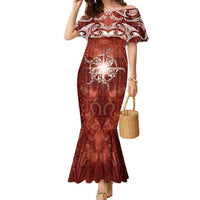 New Zealand Matariki Pohutukawa Family Matching Mermaid Dress and Hawaiian Shirt Maori Moko Red Galaxy LT05 Mom's Dress Red - Polynesian Pride