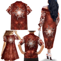 New Zealand Matariki Pohutukawa Family Matching Off The Shoulder Long Sleeve Dress and Hawaiian Shirt Maori Moko Red Galaxy LT05 - Polynesian Pride