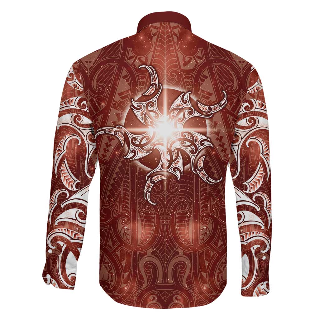 New Zealand Matariki Pohutukawa Family Matching Off The Shoulder Long Sleeve Dress and Hawaiian Shirt Maori Moko Red Galaxy LT05 - Polynesian Pride