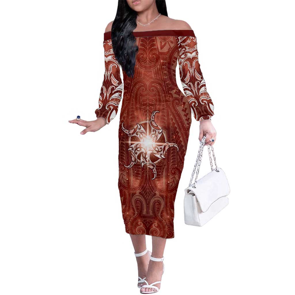 New Zealand Matariki Pohutukawa Family Matching Off The Shoulder Long Sleeve Dress and Hawaiian Shirt Maori Moko Red Galaxy LT05 Mom's Dress Red - Polynesian Pride