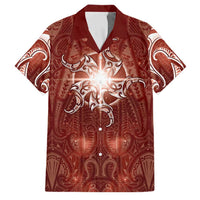 New Zealand Matariki Pohutukawa Family Matching Off Shoulder Maxi Dress and Hawaiian Shirt Maori Moko Red Galaxy LT05 Dad's Shirt - Short Sleeve Red - Polynesian Pride
