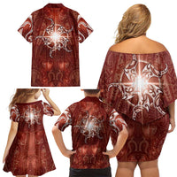 New Zealand Matariki Pohutukawa Family Matching Off Shoulder Short Dress and Hawaiian Shirt Maori Moko Red Galaxy LT05 - Polynesian Pride