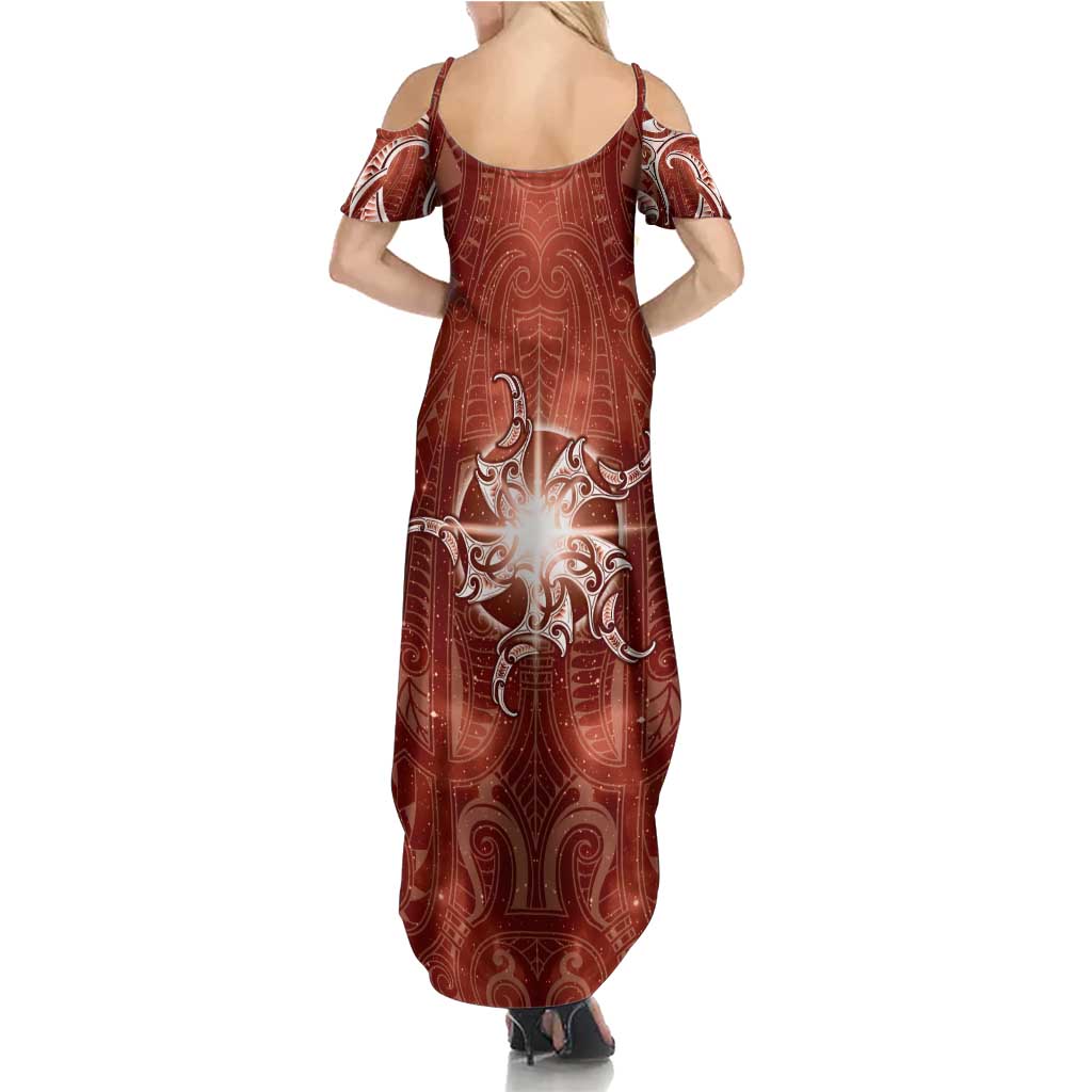 New Zealand Matariki Pohutukawa Family Matching Summer Maxi Dress and Hawaiian Shirt Maori Moko Red Galaxy LT05 - Polynesian Pride