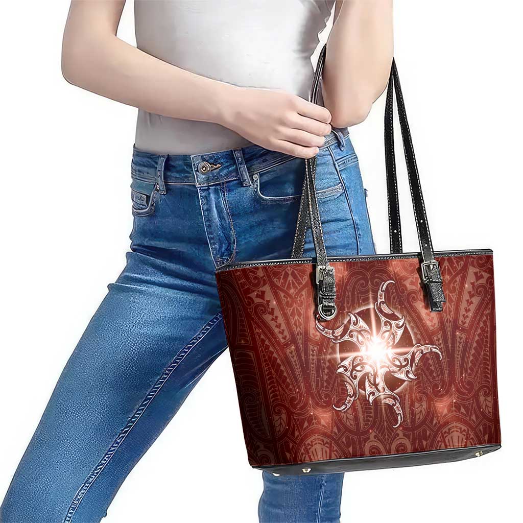New Zealand Matariki Pohutukawa Leather Tote Bag Maori Moko Red Galaxy