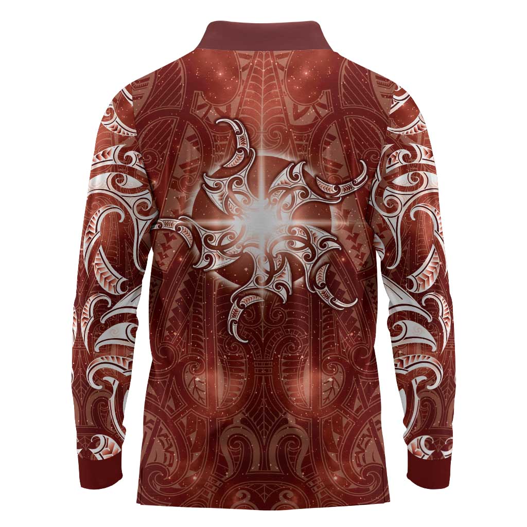 New Zealand Matariki Pohutukawa Long Sleeve Polo Shirt Maori Moko Red Galaxy