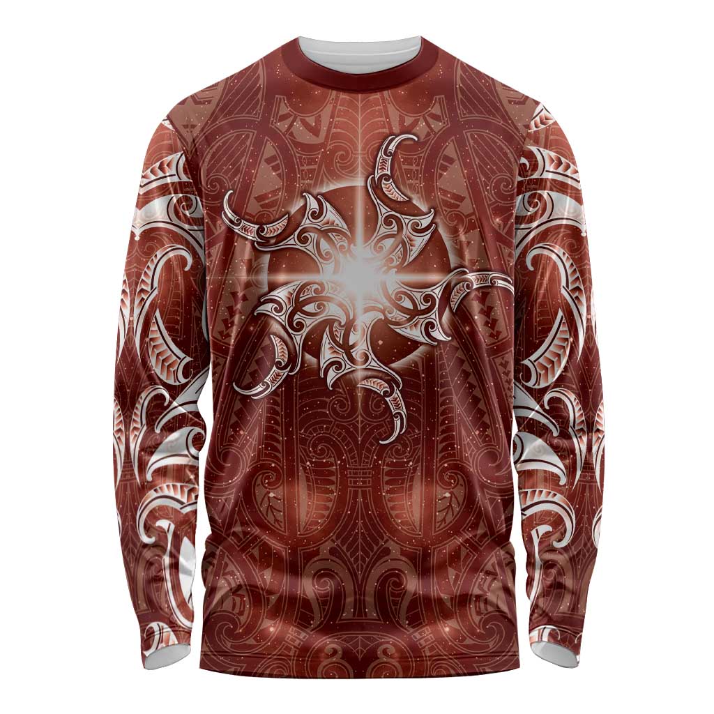 New Zealand Matariki Pohutukawa Long Sleeve Shirt Maori Moko Red Galaxy