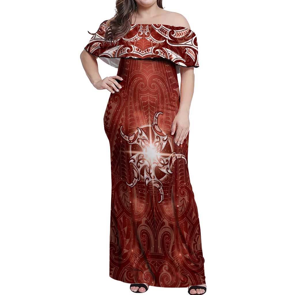 New Zealand Matariki Pohutukawa Off Shoulder Maxi Dress Maori Moko Red Galaxy