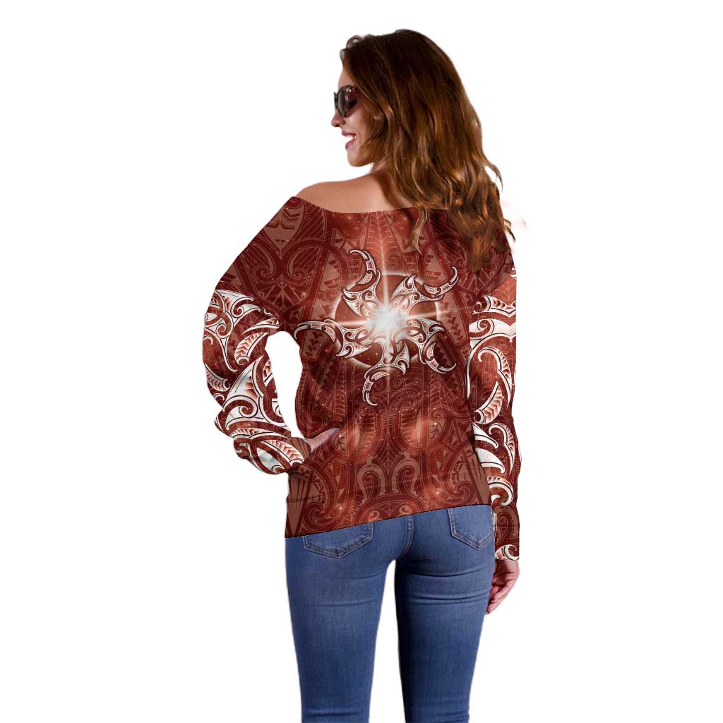New Zealand Matariki Pohutukawa Off Shoulder Sweater Maori Moko Red Galaxy