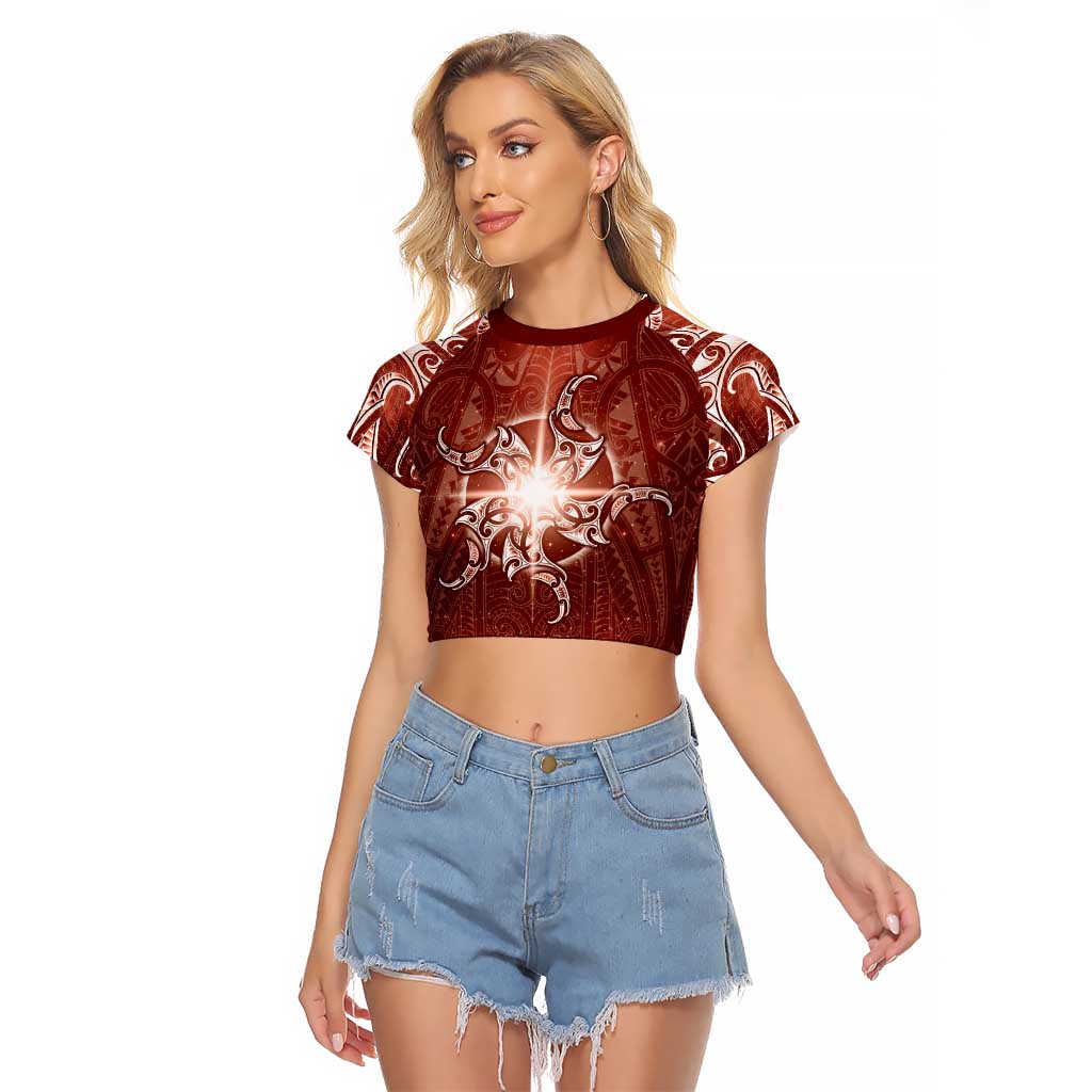 New Zealand Matariki Pohutukawa Raglan Cropped T Shirt Maori Moko Red Galaxy