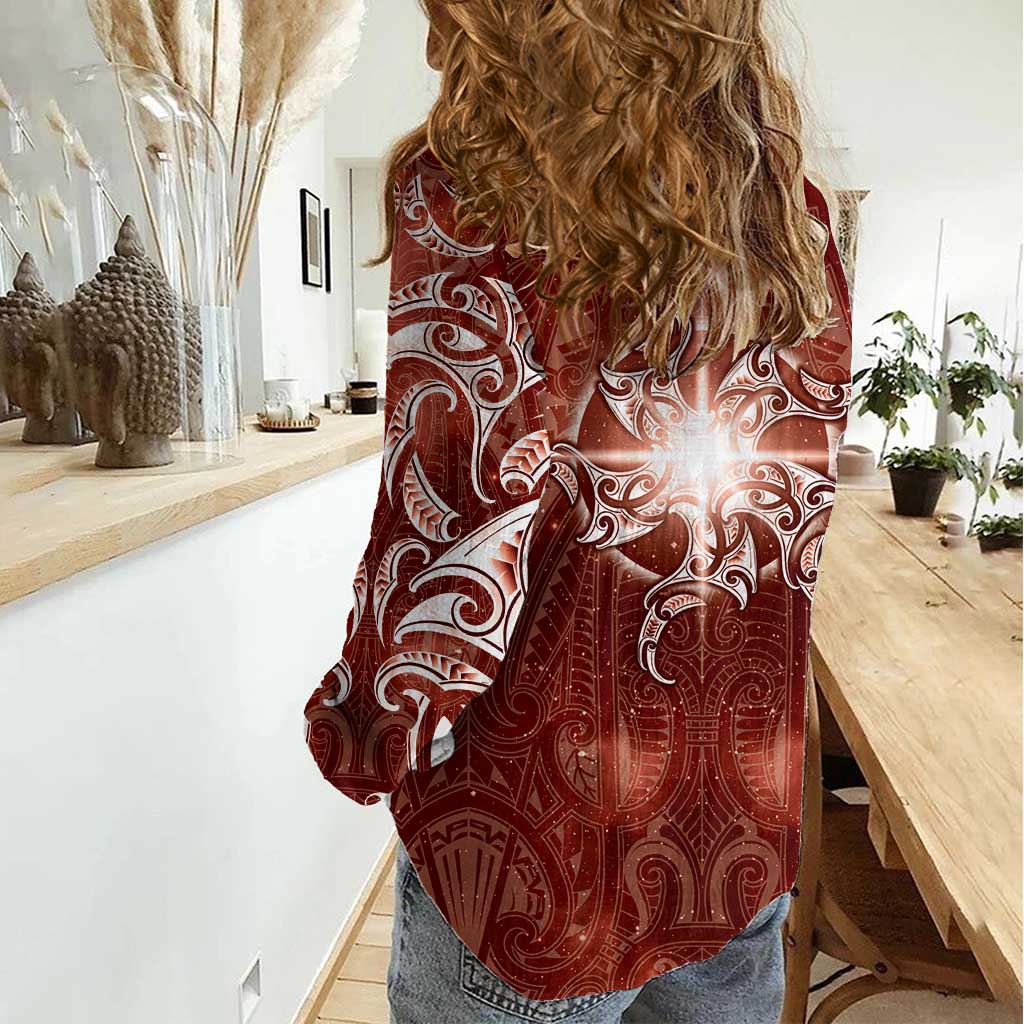 New Zealand Matariki Pohutukawa Women Casual Shirt Maori Moko Red Galaxy LT05 - Polynesian Pride