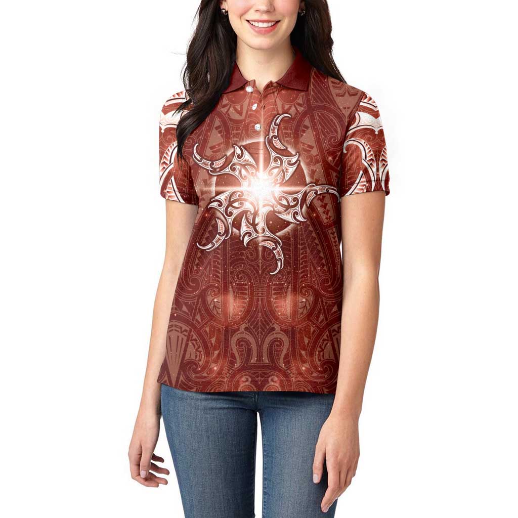 New Zealand Matariki Pohutukawa Women Polo Shirt Maori Moko Red Galaxy LT05 - Polynesian Pride