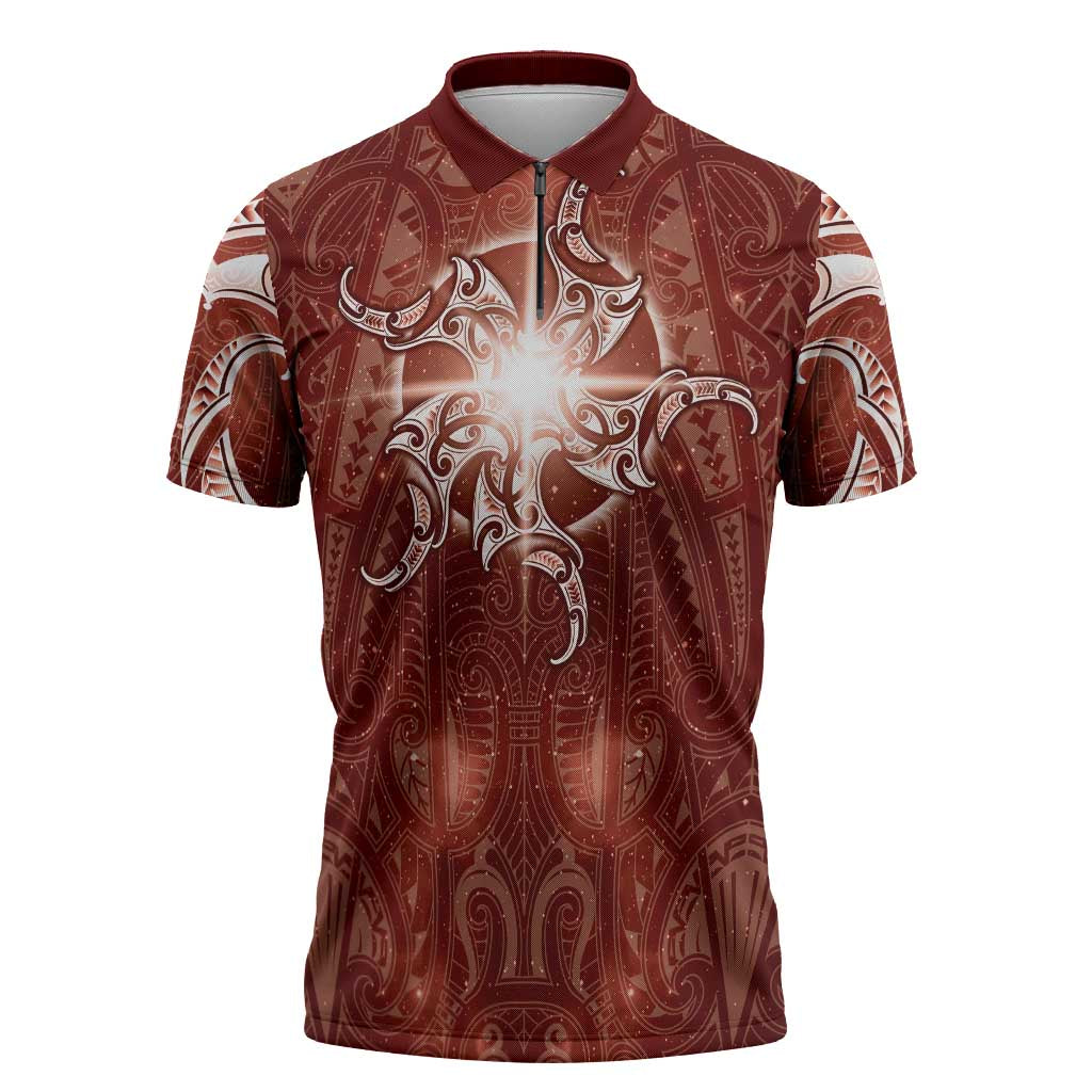 New Zealand Matariki Pohutukawa Zipper Polo Shirt Maori Moko Red Galaxy
